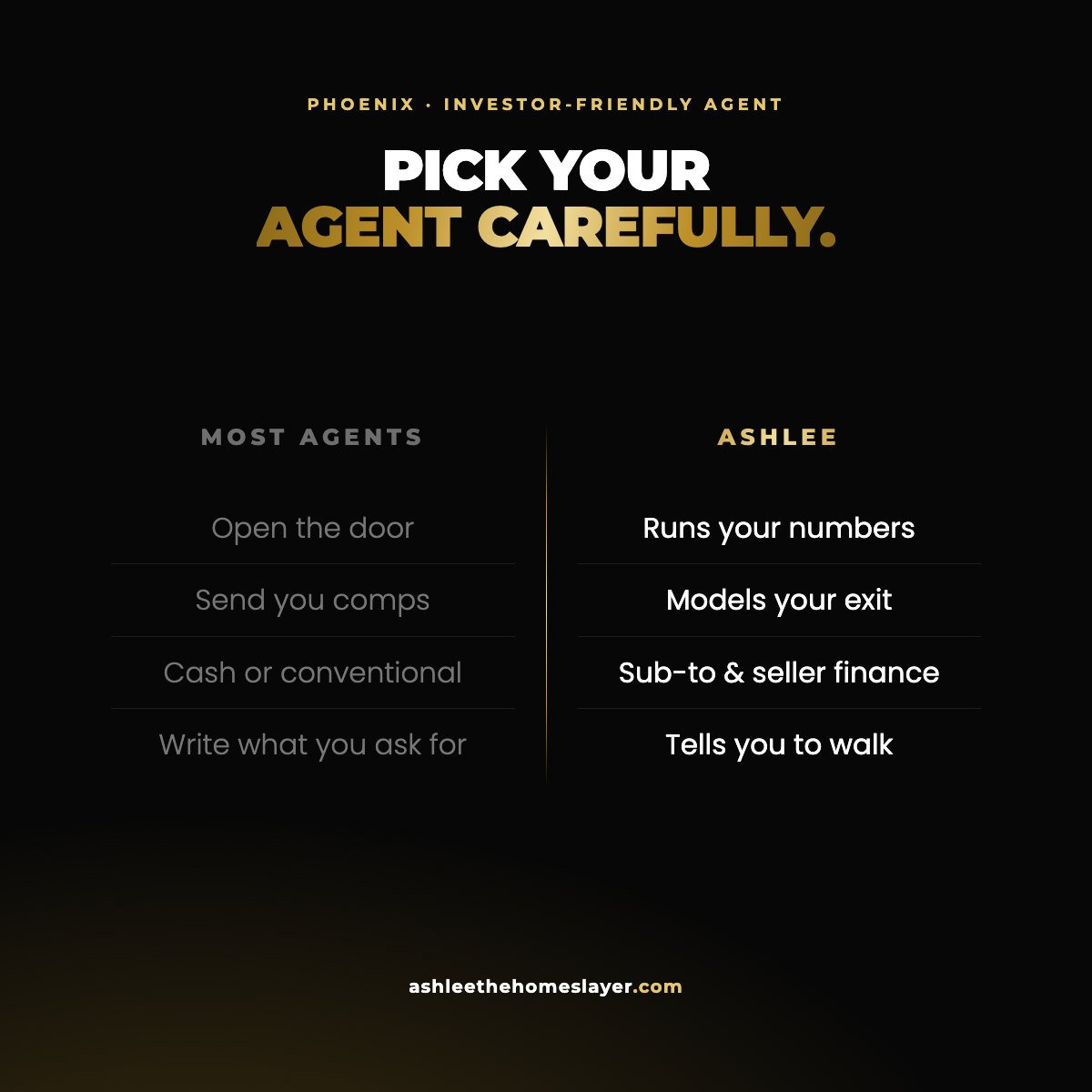 Most agents open the door, send comps and write cash or conventional offers. Ashlee runs your numbers, models your exit, writes sub-to and seller finance, and tells you to walk.